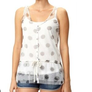 Quicksilver Womens Sheer Polka Dot Button Down Tank Top White Grey Peplum Mesh
